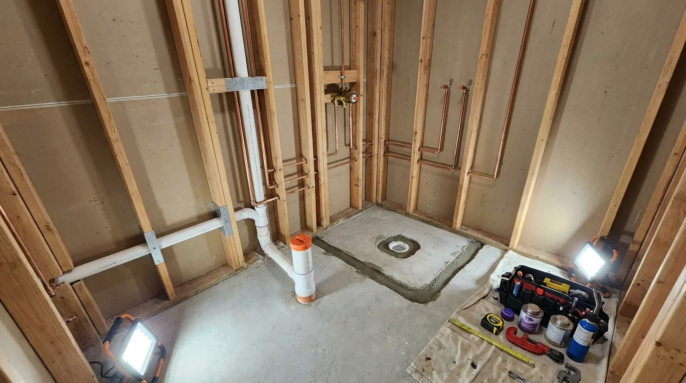 Bathroom rough-in plumbing during remodel by Johns Plumbing LLC in Patterson