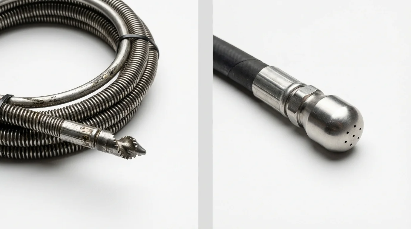 Drain snake cable and hydro jetting nozzle used for drain cleaning in Patterson, LA