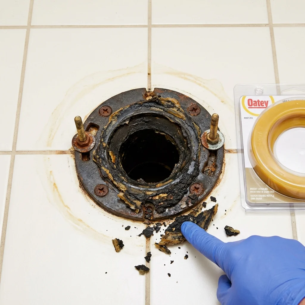 Failed wax ring showing water seepage at the base of a toilet in a Patterson, LA home