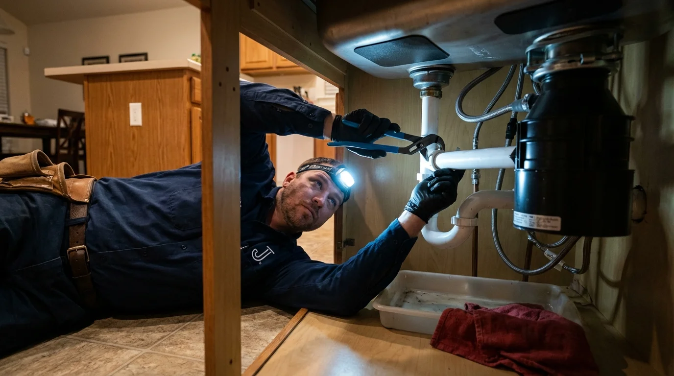 P-trap and supply line connections under a kitchen sink showing a common leak point in Patterson, LA